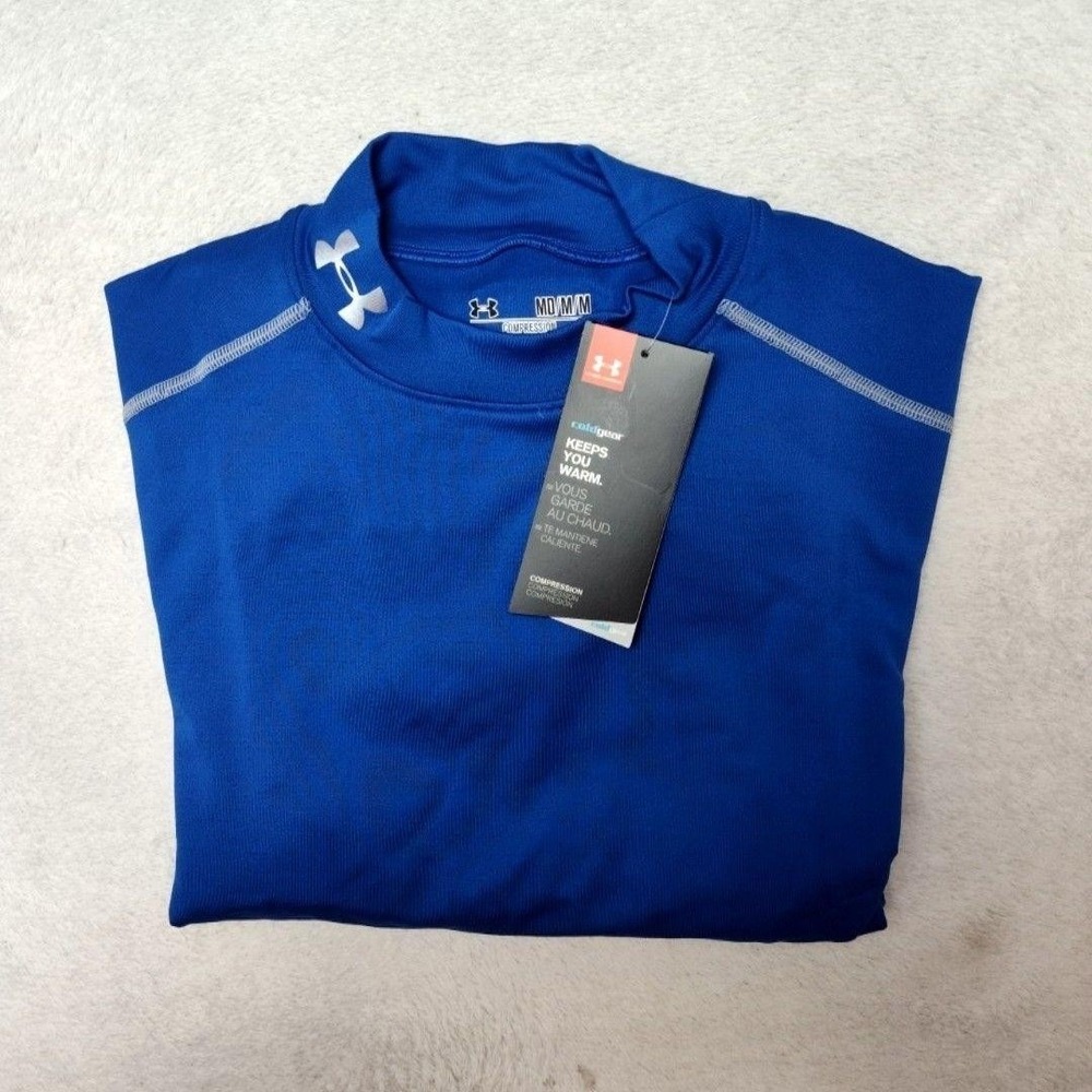 Under Armour Shirt Mens M Blue ColdGear Compression Mock Base Layer Tagless